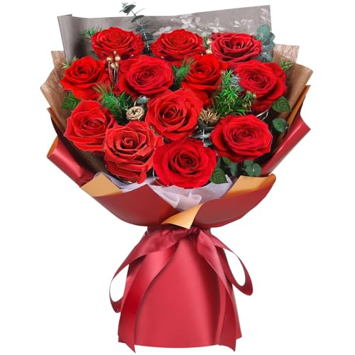 ADDWel 12 Preserved Real Roses Bouquet for Her, Forever Red Flowers with LED Lights, Anniversary Birthday Gifts for Wife Girlfriend Mom, Elegant Home Decor - color: Preserved Red Roses Bouquet - 12 Roses