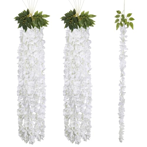 12PCS White Wisteria Hanging Flowers 6.4FT Artificial Hanging Wisteria Flowers for Decoration for Wedding Arch, Backdrop, Garden Party Decor (White) - color: White