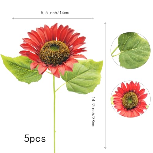 5pcs Artificial Red Sunflowers Vintage Fake Silk Sunflowers Fake Sunflowers Bouquet Large Decor for Home Hotel Office Wedding Party Garden - color: Red