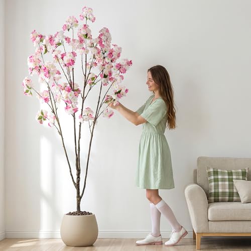 Ttranewsoo Fake Tree Cherry Blossom Tree Artificial Cherry Blossom Tree Tall Fake Plant Faux Trees Indoor Fake Trees Artificial Trees Home Decor Indoor Applies to Living Room Bedroom (Pink Rose) 81.9" - color: 2m Pink Rose