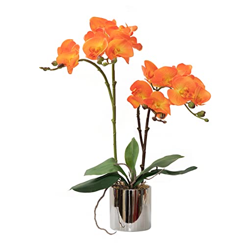 CXGS Artificial Orchid Flower Plant Real Touch Faux Orchids in Ceramic Vase Orange 19.7'' Fake Phalaenopsis Flower Arrangement Centerpiece Home Indoor Decor - color: Orange- Silver