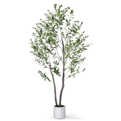 Jocoevol Olive Tree Artificial Indoor 5FT，Tall Faux Olive Tree with White Planter，Realistic Artificial Olive Tree Indoor with Natural Trunk and Lifelike Fruits for Home Office Living Room - size: 5ft