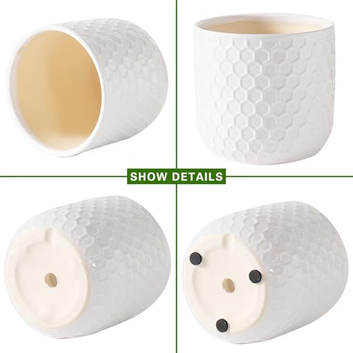 Docrin Plant Pots Indoor with Drainage: 6.4+5.3+4 Inch Ceramic Flower Pots for Plants - Set of 3 Modern Decorative Planters for House/Office/Gift - White Honeycomb - color: Milky White