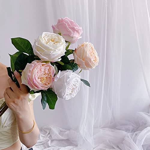 UKELER White Artificial Roses 4 Pcs Real Touch Latex Artificial Flowers Austin Rose Peony with Long Stem for Wedding Bouquet Home Decor Flower Arrangement - color: White