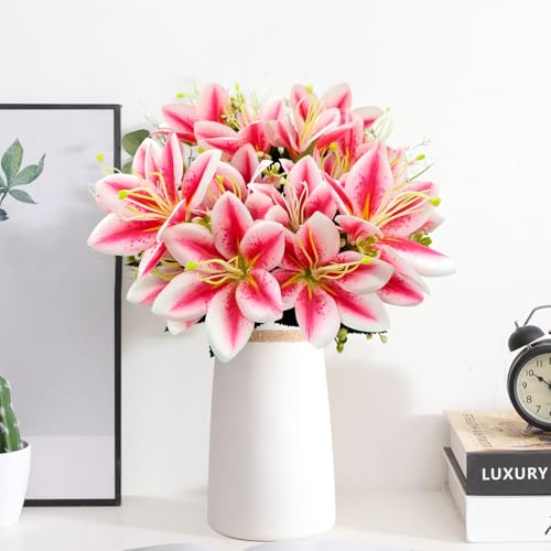 4 Bundles Artificial Tiger Lily Silk Flowers Faux Fake Lilies Plants for Wedding Bouquet Home Party Indoor Table Hotel Office Vases Floral Arrangements Outdoor Garden Decor (Rose Pink) - color: Rose Pink