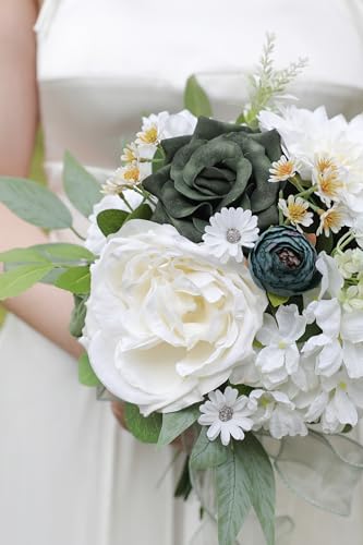 Forest Green Artificial Flowers Silk Fake Roses Peonies Greenery Combo Box Set for DIY Wedding Bouquets Bridal Shower Centerpieces Floral Arrangements Party Tables Home Decoration - color: White Dark Green