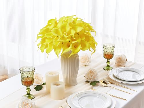 24 Pcs Yellow Artificial Calla Lily Flowers Fake Yellow Silk Flowers Real Touch for Wedding Bouquet Office Home Kitchen Decor - color: Yellow