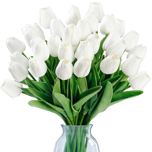 Sggvecsy 15 Pcs Fake Tulips Artificial Flowers Real Touch PU Faux Flowers Tulip Stems for Wedding Spring Bouquet Floral Arrangement Home Party Office Decorations for Mother's Day (White) - color: White, size: 15 Pcs