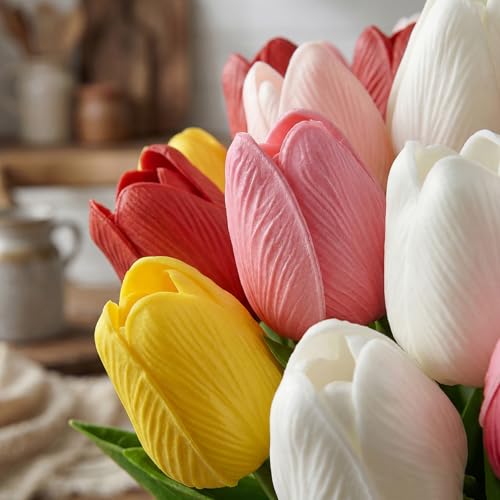 Artificial Tulips Real Touch PU Flowers Bridal Wedding Festival Decor Bouquet Pack of 20 (Mixed 1) - color: Mixed 1