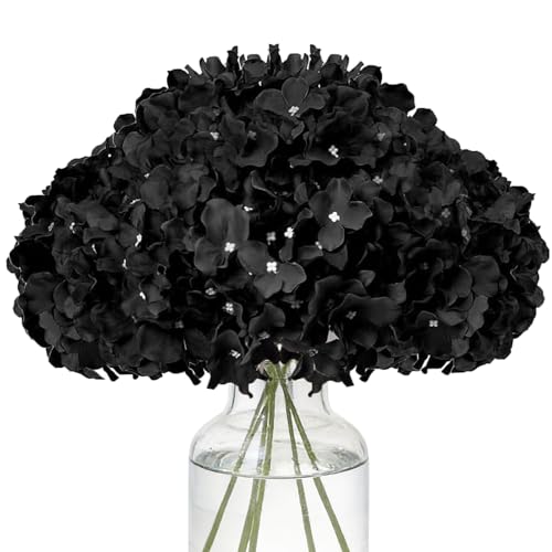 Fake Black Hydrangea Artificial Flowers - Faux Silk Hydrangeas Flowers Heads with Stems Real Touch for Home Wedding Party Table Decor(Black,Black of 10) - color: Black
