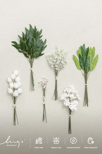 Ling's moment Artificial Greenery Stems Box Set, 86pcs with 6 Kinds of Faux Greenery Picks for DIY Bridal Bouquets Wedding Floral Arrangement Table Centerpieces, Green & White - color: Grn-green & White