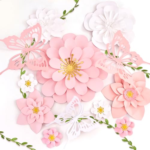 Paper Flower Decoration for Wall 3D Paper Butterfly Flower Bulletin Board Decor Pink White Artificial Flower Backdrop Wall Decor Green Leaves Vine for Classroom Office Spring Garden Tea Women Birthday - color: Pink, White Paper Flower