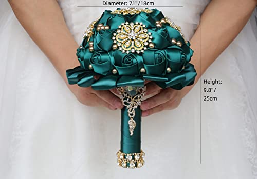 Emerald Green Bridal Wedding Bouquet Luxury Gold Rhinestone Brooch Bouquet for Bride Bridesmaid Quinceanera Satin Rose Artificial Flower Bouquet Wedding Emerald Green 7.1in - color: Dark Green, size: Diameter: 7.1 inches
