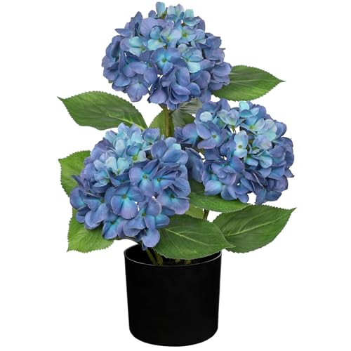 Hollyone Blue Hydrangea Artificial Flowers in Pot Large Silk Three-Head Hydrangeas Flowers Fake Flowers Arrangements for Indoor Home Office Kitchen Table Centerpieces Wedding Decorations - color: Blue, size: 3 Head Hydrangea