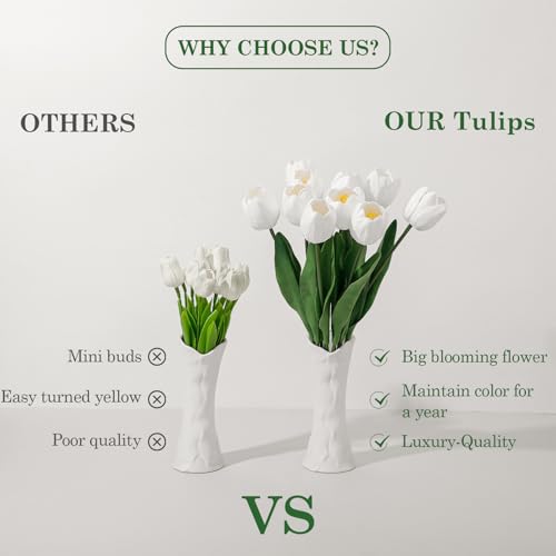 White Fake Tulips,18.5" PU Artificial Tulips Flowers for Spring Easter Home Kitchen Wedding Bouquet Bulk Mother's Gift Day Decorations - color: White