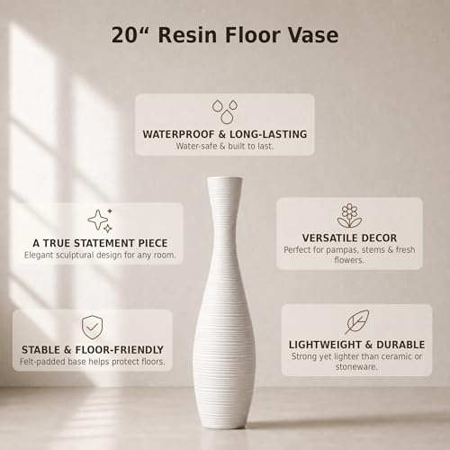 Leewadee Decorative Tall Floor Vase for Living Room Decor, 20″, White, Resin - color: White, size: 20 inches