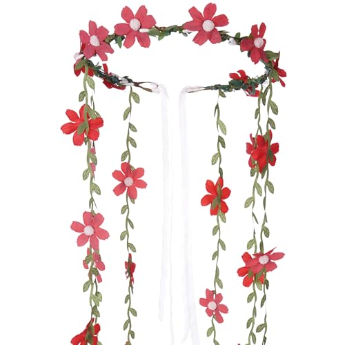 Red Fairy Flower Headpiece, Bohemian Vine Flower Crown with Daisy Floral, Handmade Forest Woodland Floral Headband for Women Renaissance Party Cosplay Costume Hair Accessories - color: Red