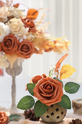 Floroom Artificial Flowers 25pcs Real Looking Burnt Orange Foam Fake Roses with Stems for DIY Terracotta Wedding Bouquets Bridal Shower Centerpieces Floral Arrangements Party Tables Home Decorations - color: Burnt Orange, size: 25Pcs