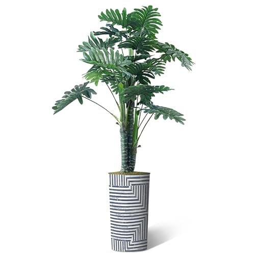 Artificial Tree in Modern Geometric Pattern Planter, Fake Philodendron Tree Silk Tree for Indoor and Outdoor Home Decoration - 70" Overall Tall (Plant Pot Plus Tree) - style: Philodendron Tree