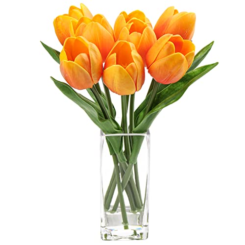 Briful Fake Flowers Artificial Tulip Flower Orange in Clear Vase, Real Touch Foam Tulip Arrangement Suitable for Home Office Decoration, Dining Table Centerpiece - color: Orange