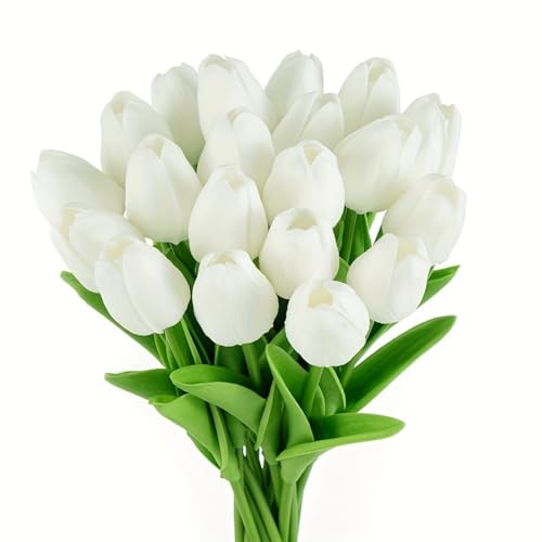 10 Elegant White Tulip Artificial Flowers with Dark Green Leaves - color: White2
