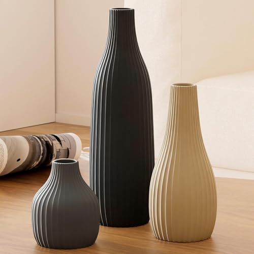 Decorative Flower Vase Set of 3 - Modern Boho Style Multicolor Vases, Ribbed Textures Ceramic Vase for Home Decor Shelf Bookshelf Mantle TV Stand Entryway Console, Dining Table Centerpiece Decor - color: Multicolor