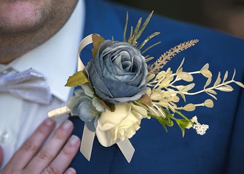 Corsage and Boutonniere Set Corsage Wistlet Dusty Blue Corsage Wrist Artificial Flower Perfert for Proms | Weddings for Bride,Bridesmaids, Groom,Groomsmen Decor (Dusty Blue) - color: Dusty Blue