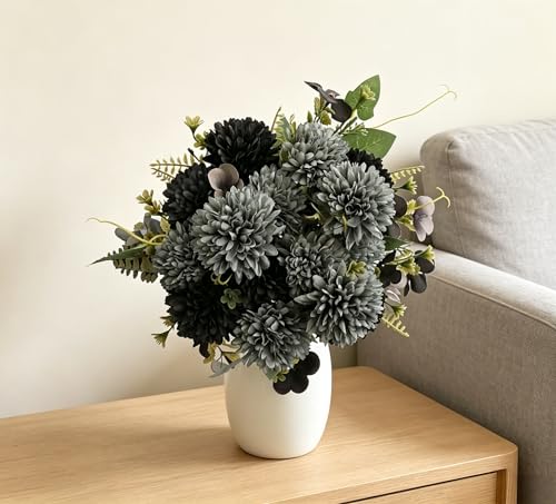 4 pcs Artificial Flowers Grey Black Fake Flowers Silk Artificial Chrysanthemum Ball Hydrangea Bridal Wedding Bouquet for Home Garden Party Decor - color: 4pcs-grey Black