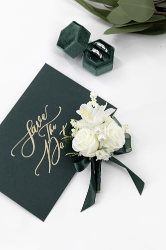 White Rose Corsage and Boutonniere Set, Prom Flower Wrist Corsage Wristlet Band Bracelet, Boutonniere for Men Dark Green Wedding Flowers Accessories Prom Suit Decorations - color: White & Dark Green