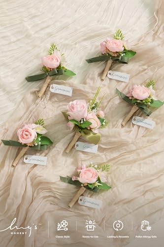 Ling's moment Boutonniere for Men, 6pcs Groom Groomsmen Boutonniere, Artificial Flowers for Wedding Decor/Prom/Homecoming, etc.Blush Pink - color: Pk-blush & Pink