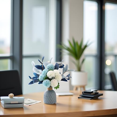LADADA Blue Artificial Flower Bouquet in Ceramic Vase | Faux Blue White Bouquet,Faux Ball Mum Silk Flowers Arrangement for Home Table Centerpiece Farmhouse Living Room Wedding Decor - color: Blue
