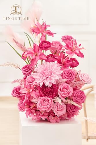 TINGE TIME Free-Standing Artificial Flower Set of 2, Table Centerpiece with Rubber Pad, Silk Fake Flower for Wedding Centerpiece Archway Aisle Welcome Entrance (Hot Pink) - color: Hot Pink