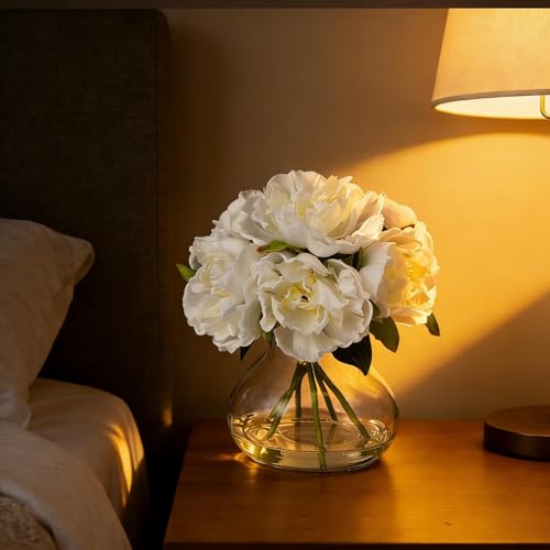 White Peony Bouquet in Glass Vase - 6 Piece Artificial Flower Arrangement with Faux Water for Wedding & Home Centerpieces - color: Peony Flowers, size: White
