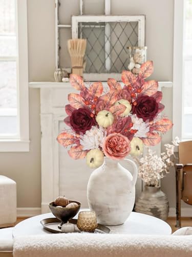 Fake Fall Flowers Bouquet Arrangements Artificial Silk Flower Stem with White Pumpkin and Pink Eucalyptus Leaves Autumn 2PS Red Floral Table Centerpieces for Vase Home Kitchen Thanksgiving Decor - color: Pink and Burgundy