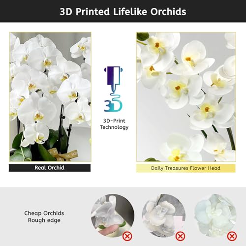 Daily Treasures 24 Heads Artificial Orchid Plant with Black Ceramic Pot, 3D Printed Silk White Faux Orchid Flowers with Buds, Lifelike Butterfly Orchid with Leaves for Modern Home Office Decor