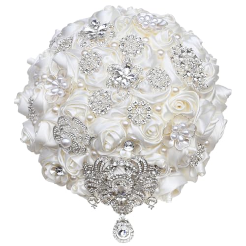 Bridal Wedding Bouquet Round Bling Brooch Bouquet Artificial Rose Flower Bunch for Bride Bridesmaid Wedding Quinceanera(Ivory, 8.7") - color: Ivory*, size: Medium (Dia. 8.7"/22cm)