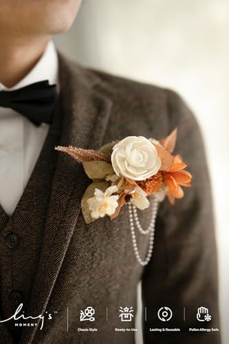Ling's moment Pocket Boutonniere Single, Boutonniere for Men Groom for Wedding, Prom, Homecoming, Anniversary, Graduation, etc.Rust Boho Sola Wood, 6" W x 5" H - color: Or-rust Boho & Sola Wood, size: 6" W x 5" H