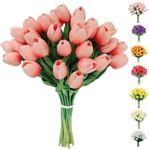 Artificial Tulips Flowers Fake Latex Tulip Stems - 30pcs Real Touch Faux Multicolor Tulips Flower for Easter Spring Wedding Bouquet Centerpiece Floral Arrangement Cemetery Table Decor - color: Coral