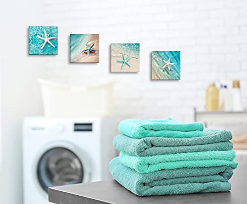 BQVCT Canvas wall art for bathroom home decorations beach green starfish wall decoration natural beach pictures canvas prints artwork Ready to Hang Size: 12x12inchx4 panels - color: Green