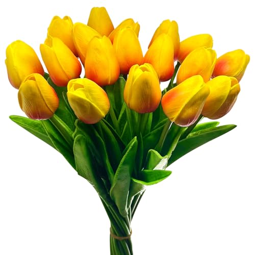 20 Pcs Tulips Artificial Flowers, 13.5'' Real Touch PU Fake Flowers Bouquet for Home Party, Spring Wedding Floral Arrangement, Valentine's, Easter and Mother's Day Decor (Sunset) - color: Sunset