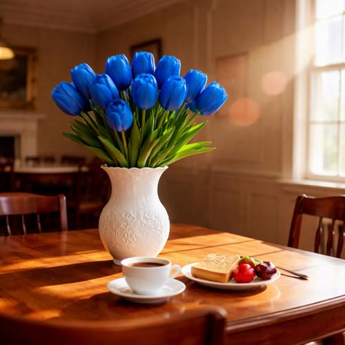 20 Pcs Tulips Artificial Flowers, 13.5'' Real Touch PU Fake Flowers Bouquet for Home Party, Spring Wedding Floral Arrangement, Valentine's, Easter and Mother's Day Decor (Blue) - color: Blue