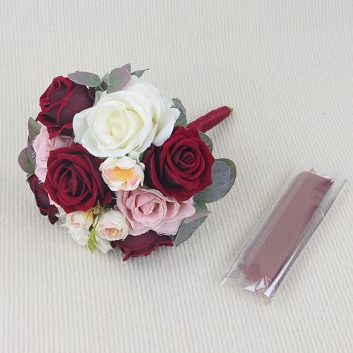 Rinlong 7" Wedding Bouquet, Burgundy Silk Bridesmaid Bridal Bouquet - color: 19-burgundy Red