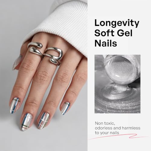 32Pcs Soft Gel Press on Nails for Women, Silver Plaid, Short Almond | Magnetic Glass Cat Eye False Fake Nails Press Ons for Office Daily Wear, Salon Quality Reusable Glue & Stick on Nail Gift Kit - color: 1C-Silver Plaid