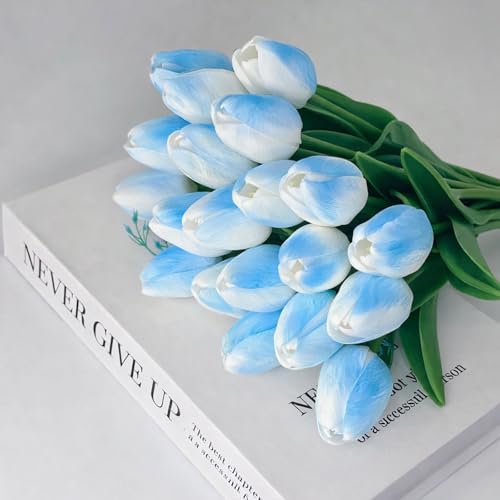 20 Pcs Tulips Artificial Flowers, 13.5'' Real Touch PU Fake Flowers Bouquet for Home Party, Spring Wedding Floral Arrangement, Valentine's, Easter and Mother's Day Decor (White Blue) - color: White Blue