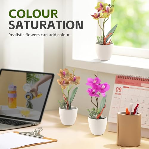 2Pcs Artificial Flowers Fake Orchid Phalaenopsis Small Potted Plant Ceramic Vase for Home Decor Bathroom Office Desk Wedding Decoration(Purple & Brown) - color: Purple & Brown