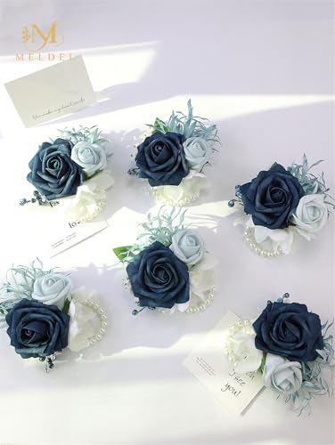 6Pcs Navy Blue Faux Foam Rose Women Wrist Corsages for Wedding Prom | Fake Foam Rose Corsages Wristlet for Wedding Prom Bride Bridesmaids Homecoming Party Ceremony Anniversary - color: Blue Wrist Corsage