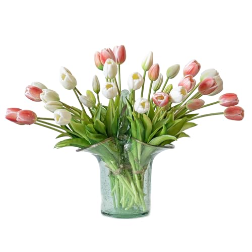DUYONE 40Pcs Artificial Tulips Flowers, Soft Touch Realistic Latex Tulips Bouquet for Home Office Wedding Party Garden Decor, Fake Flowers for Dining Table Living Room Spring-B Coral Pink Set - color: B Style-40pcs Coral Pink Set(no Vase)
