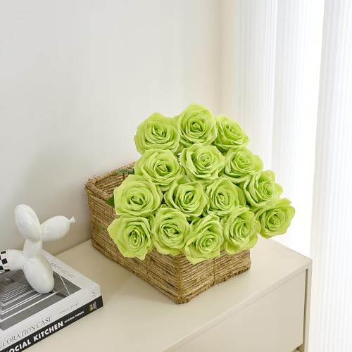 15pcs Green Fake Roses Artificial Silk Flowers Faux Rose Flower Long Stems Bouquet for Arrangement Wedding Centerpiece Party Home Kitchen Decor - color: 15pcs Green