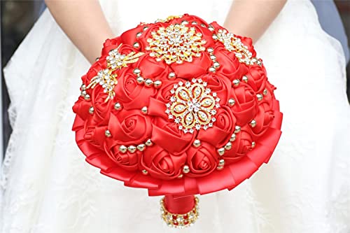 Red Bridal Wedding Bouquet Luxury Gold Rhinestone Brooch Bouquet for Bride Bridesmaid Quinceanera Satin Red Rose Artificial Flower Bouquet Wedding Red 8.3in,Bouquet3218G-Red21 - color: Red, size: Diameter: 8.3 inches