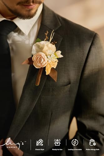 Ling's moment Boutonniere for Men, 6pcs Groom Groomsmen Boutonniere, Artificial Flowers for Wedding Decor/Prom/Homecoming, etc.Earth Brown & Butter Yellow - color: Earth Brown & Butter Yellow